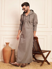Men’s Grey Thobe with Contrast Hood and Button Placket