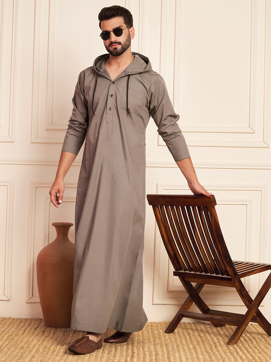 Men’s Grey Thobe with Contrast Hood and Button Placket
