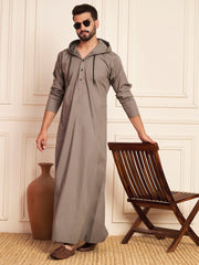Men’s Grey Thobe with Contrast Hood and Button Placket