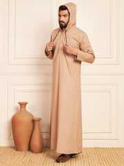 Men’s Beige Arabic Thobe with Attached Hood
