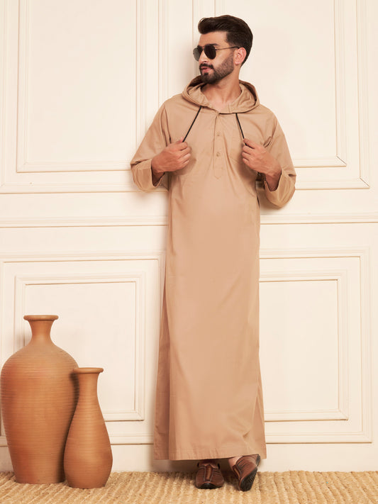 Men’s Beige Arabic Thobe with Attached Hood