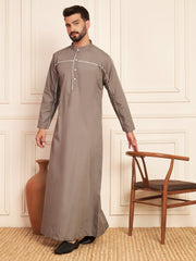 Grey Arabic Cotton Thobe with Piping