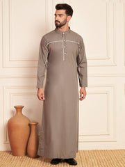 Grey Arabic Cotton Thobe with Piping
