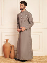 Grey Arabic Cotton Thobe with Piping