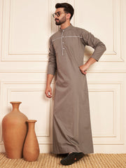 Grey Arabic Cotton Thobe with Piping