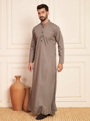 Grey Solid Arabic Cotton Thobe for Men