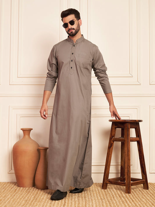 Grey Solid Arabic Cotton Thobe for Men