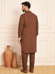 Brown Cotton Pathani Kurta Pajama Set for Men