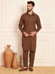 Brown Cotton Pathani Kurta Pajama Set for Men