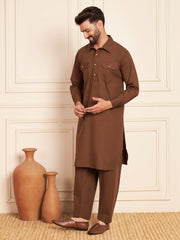 Brown Cotton Pathani Kurta Pajama Set for Men