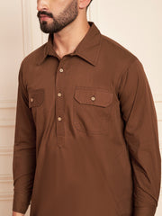 Brown Cotton Pathani Kurta Pajama Set for Men