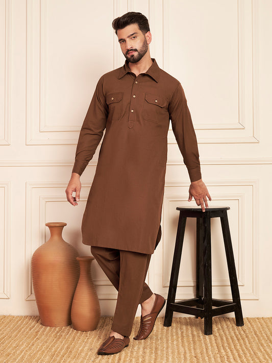 Brown Cotton Pathani Kurta Pajama Set for Men