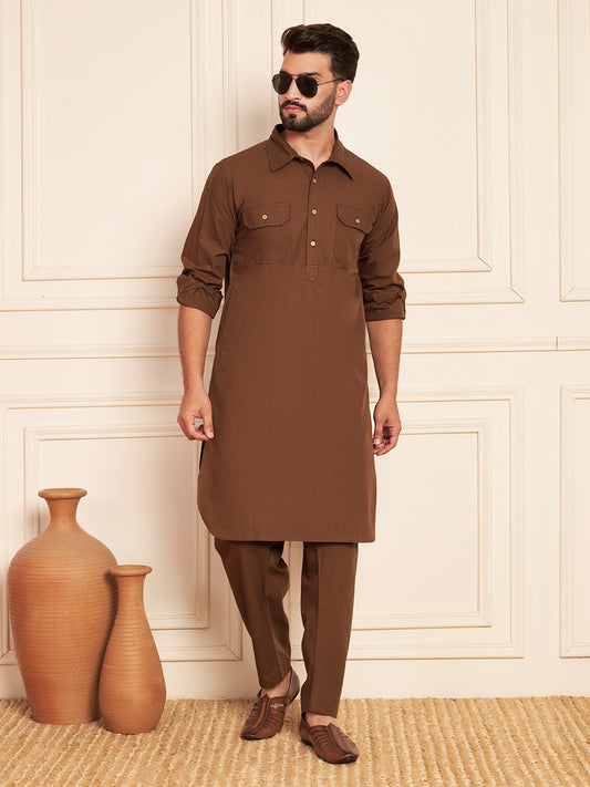 Brown Cotton Pathani Kurta Pajama Set for Men