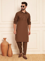 Brown Cotton Pathani Kurta Pajama Set for Men