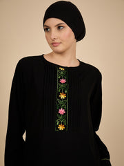 Black Modest Embroidered Pleated Abaya Burqa with Matching Hijab