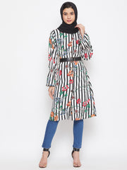 Printed Front Open Tunic Abaya for Women with Black Georgette Stole