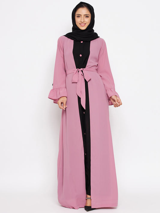 Puce Pink Abaya for Women with Black Georgette Scarf
