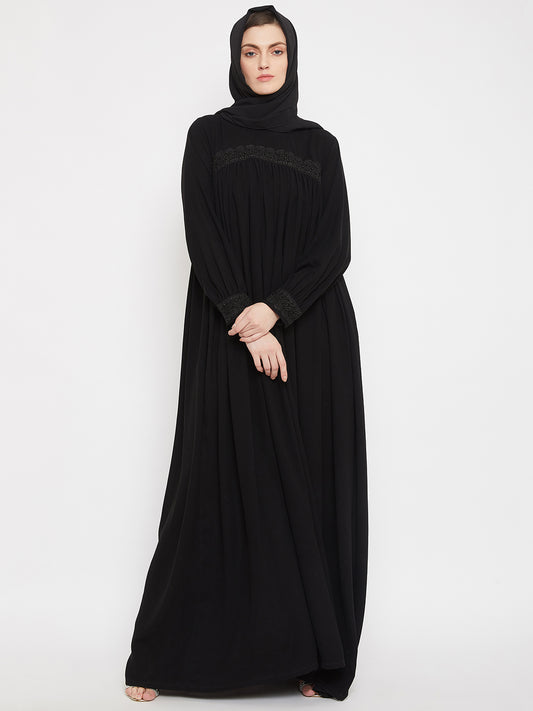 Black Lace work Designed Abaya for Women with Black Georgette Scarf