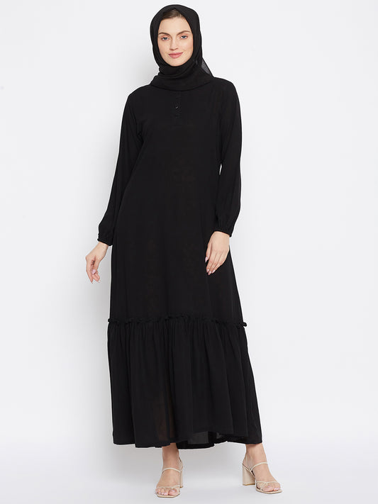 Black Frill Abaya Dress for Women with Black Georgette Scarf