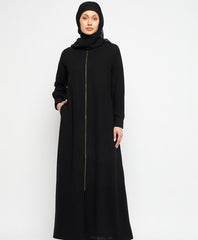 Front Open Zip Closure Black Abaya Dress with Black Georgette Hijab