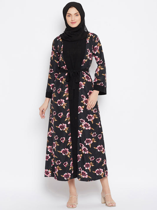 Black Printed Shrug Attached Abaya for Women with Black Georgette Scarf