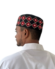 Black Embroidered Cotton Kufi Cap for Men