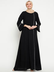 Side Open A-Line Abaya for Women with Black Georgette Hijab