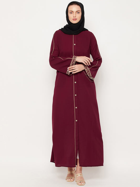 Maroon Embroidery Work Front Open Abaya for Women with Black Georgette Scarf