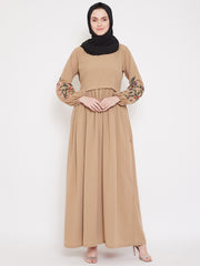 Beige Embroidery Work Abaya for Women with Black Georgette Scarf
