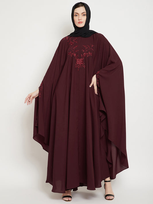 Maroon Chikan Hand Embroidered Irani Kaftan Abaya with Black Georgette Hijab