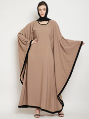 Pearl Design Beige Kaftan Abaya for Women with Black Georgette Hijab