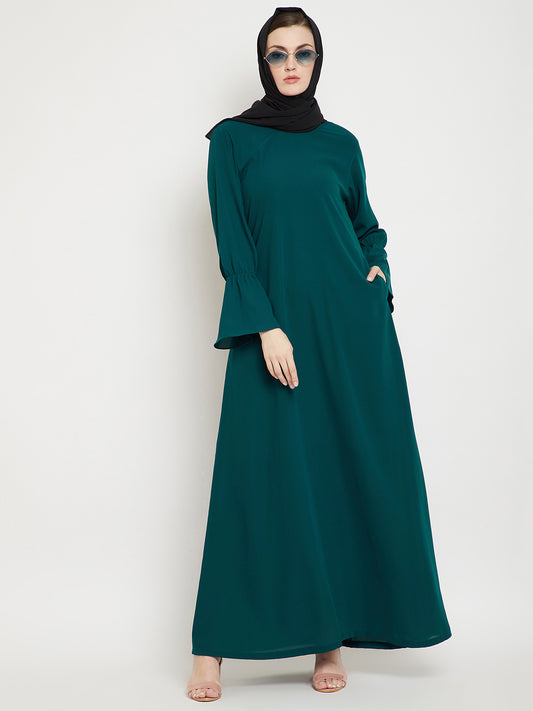 Bottle Green A- Line Abaya for Women with Black Georgette Scarf