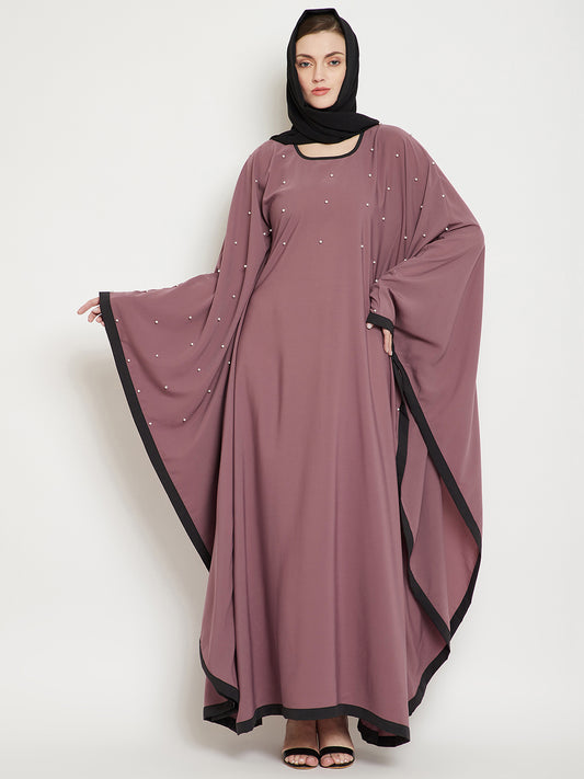 Pearl Design Puce Pink Kaftan Abaya for Women with Black Georgette Hijab