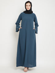 Grey A- Line Abaya for Women with Black Georgette Scarf