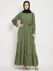 Frilled Jade Green Abaya/Burqa For Women With Belt and Black Hijab