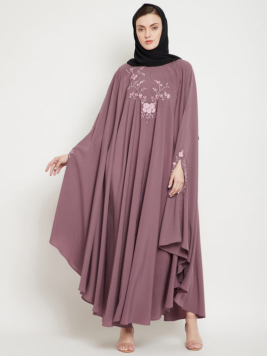 Fuse Pink Chikan Hand Embroidered Irani Kaftan Abaya with Black Georgette Hijab