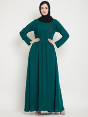 Bottle Green Side Plate Abaya for Women with Black Georgette Scarf