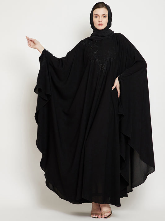 Black Chikan Hand Embroidered Irani Kaftan Abaya with Black Georgette Hijab