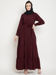 Frilled Maroon Abaya/Burqa For Women With Belt and Black Hijab