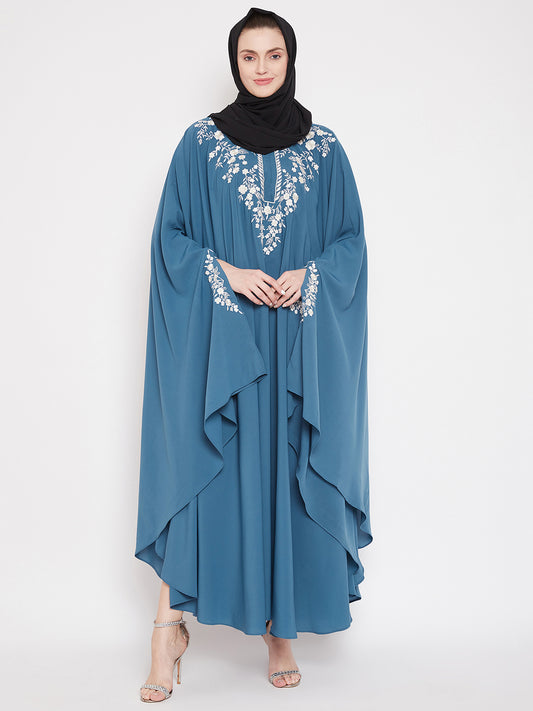 Sky Blue Chikan Hand Embroidered Irani Kaftan Abaya with Black Georgette Hijab