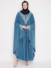 Sky Blue Chikan Hand Embroidered Irani Kaftan Abaya with Black Georgette Hijab