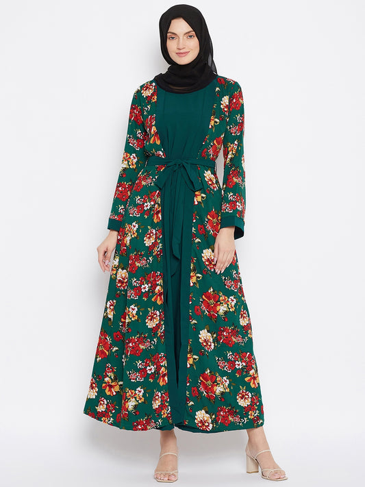 Bottle Green Floral Printed Shrug Attached Casual Abaya for Women With Black Georgette Scarf