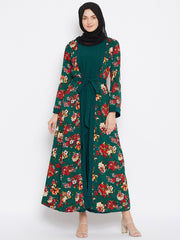 Floral Printed Shrug Attached Abaya for Women with Black Georgette Scarf