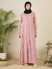 Front Open Striped Printed Abaya with Black Hijab
