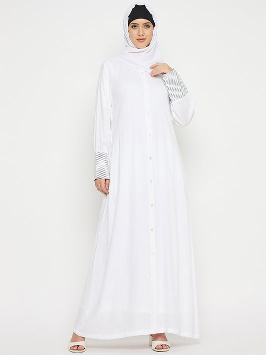 Women Front Open Rayon White Abaya for Umrah/Hajj with Black Hijab