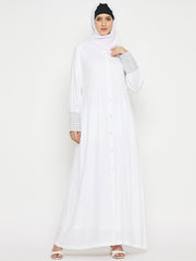 Women Front Open Rayon White Abaya for Umrah/Hajj with Black Hijab