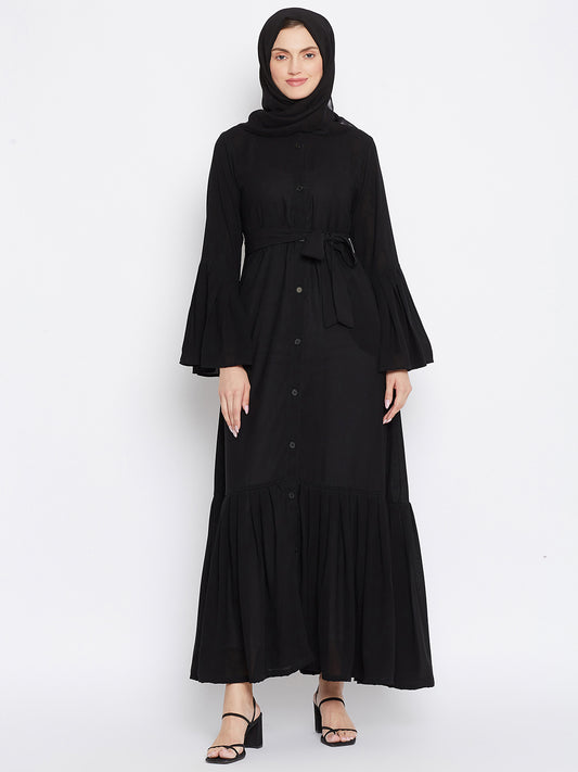 Front Open Black Abaya for Women with Black Georgette Hijab