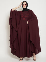 Maroon Chikan Hand Embroidered Irani Kaftan Abaya with Black Georgette Hijab