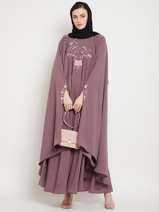 Fuse Pink Chikan Hand Embroidered Irani Kaftan Abaya with Black Georgette Hijab