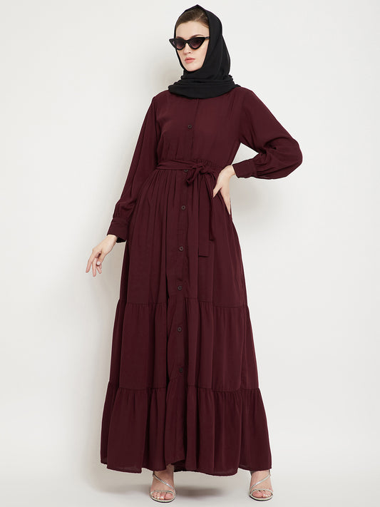 Frilled Maroon Abaya/Burqa For Women With Belt and Black Hijab